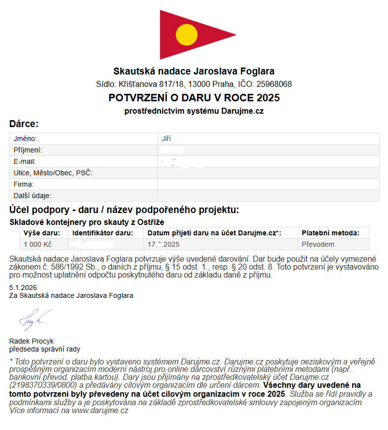 Potvrzení o daru 2025